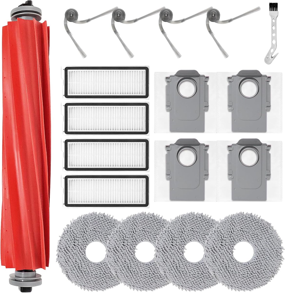 Accessoireset voor Roborock QV 35A / QV 35S / QR 798 / QR 598 stofzuiger, 1 hoofdborstel, 4 reinigingsdoeken, 4 stofzakken, 4 zijborstels, 4 filters