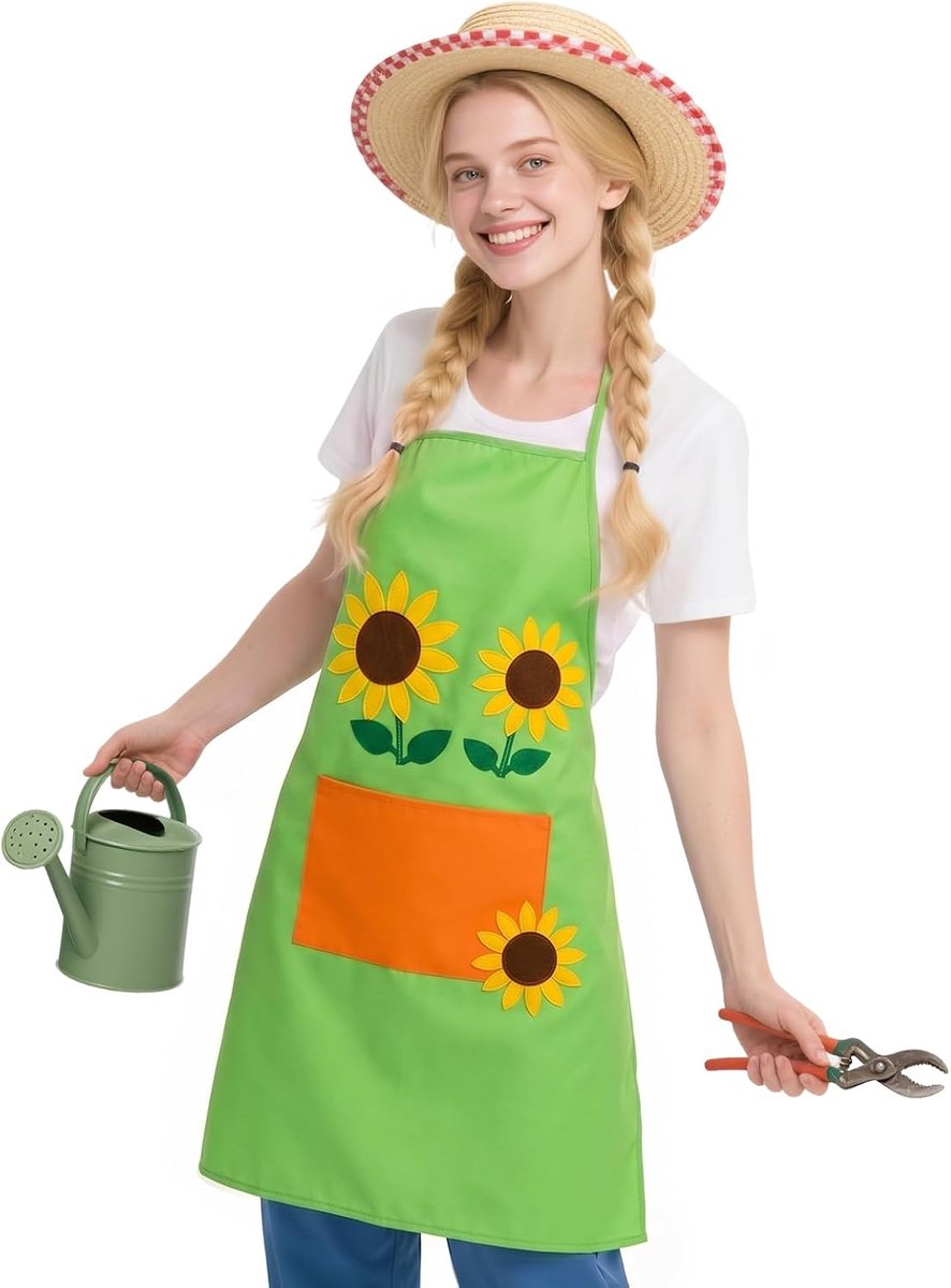 Schort voor dames en heren, verstelbare bloemenschorten, zonnebloemen keukenschort met grote zakken voor koken, bakken, tuinieren