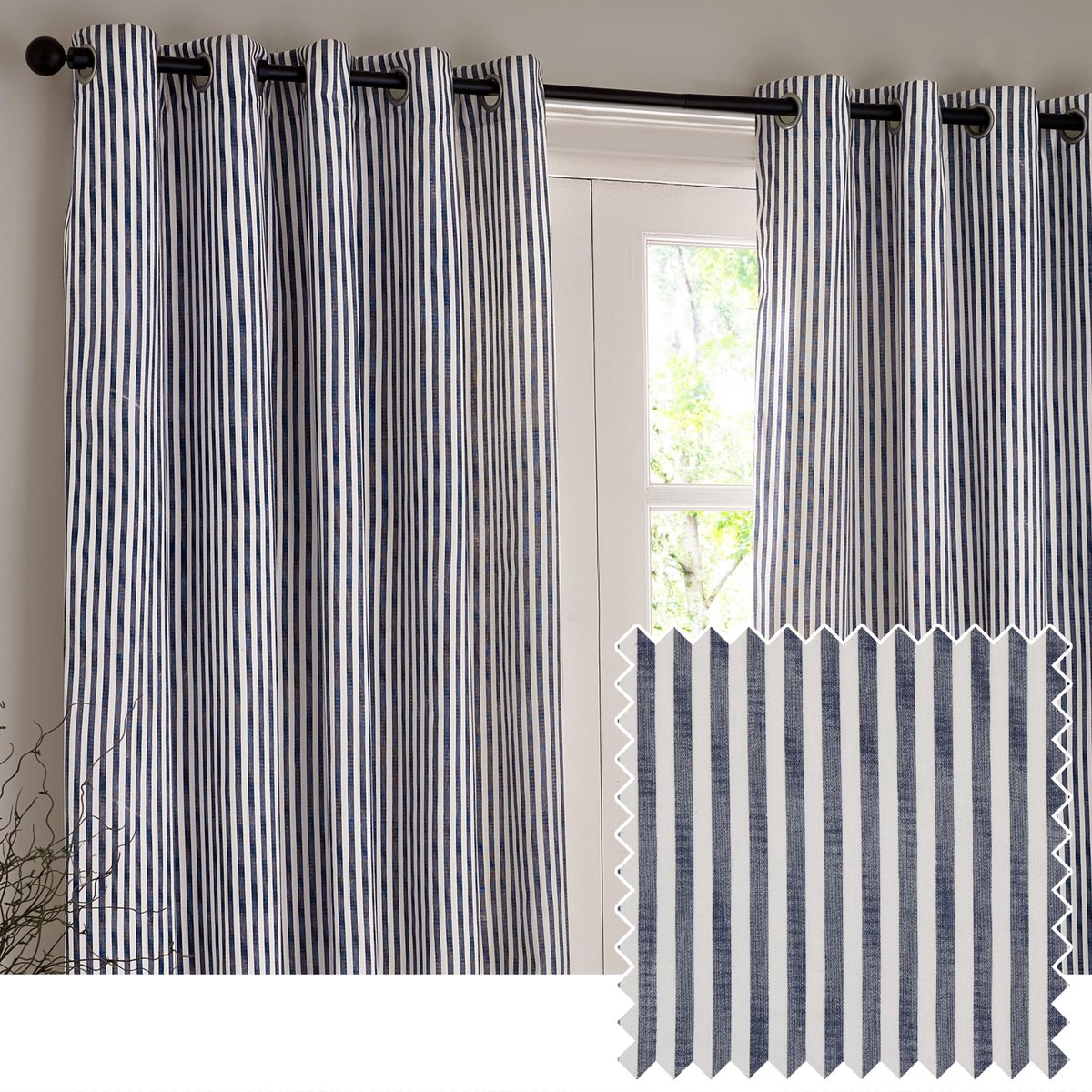 Omgoods - Yard Hebden Gestreepte Katoenen Gordijnen - Marineblauw - 117x183 cm