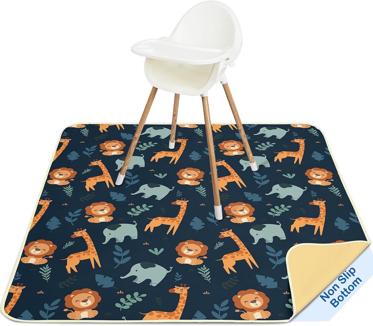 Castle Kinderstoelkussen 107x117cm,Waterdichte Wasbare Antislip Mat,Splash Mat Opvouwbaar en Draagbaar voor Maaltijden en Vloerbescherming,Dark Blue Giraffe