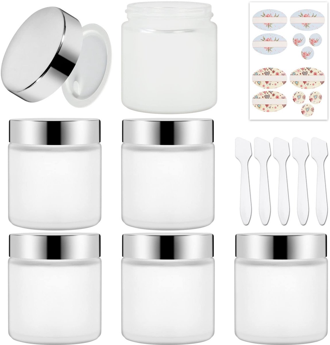 Omgoods - Set van 6 Frosted Glazen Potten met Zilver Lids - Refillable Cosmetica Containers