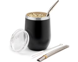 Moderne 350 ml Yerba Mate Kalebas Set - Dubbelwandig Roestvrij Staal - Inclusief Twee Bombilla's en Schoonmaakborstel