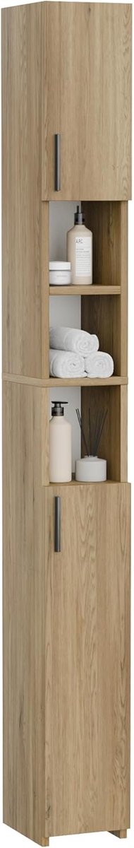 SnelShoppen - Smalle Badkamerkast met 2 Deuren van Eikenhout | Hoge Opbergkast voor Badkamer, Keuken of Woonkamer, Ruimtebesparende Organizer, Modern