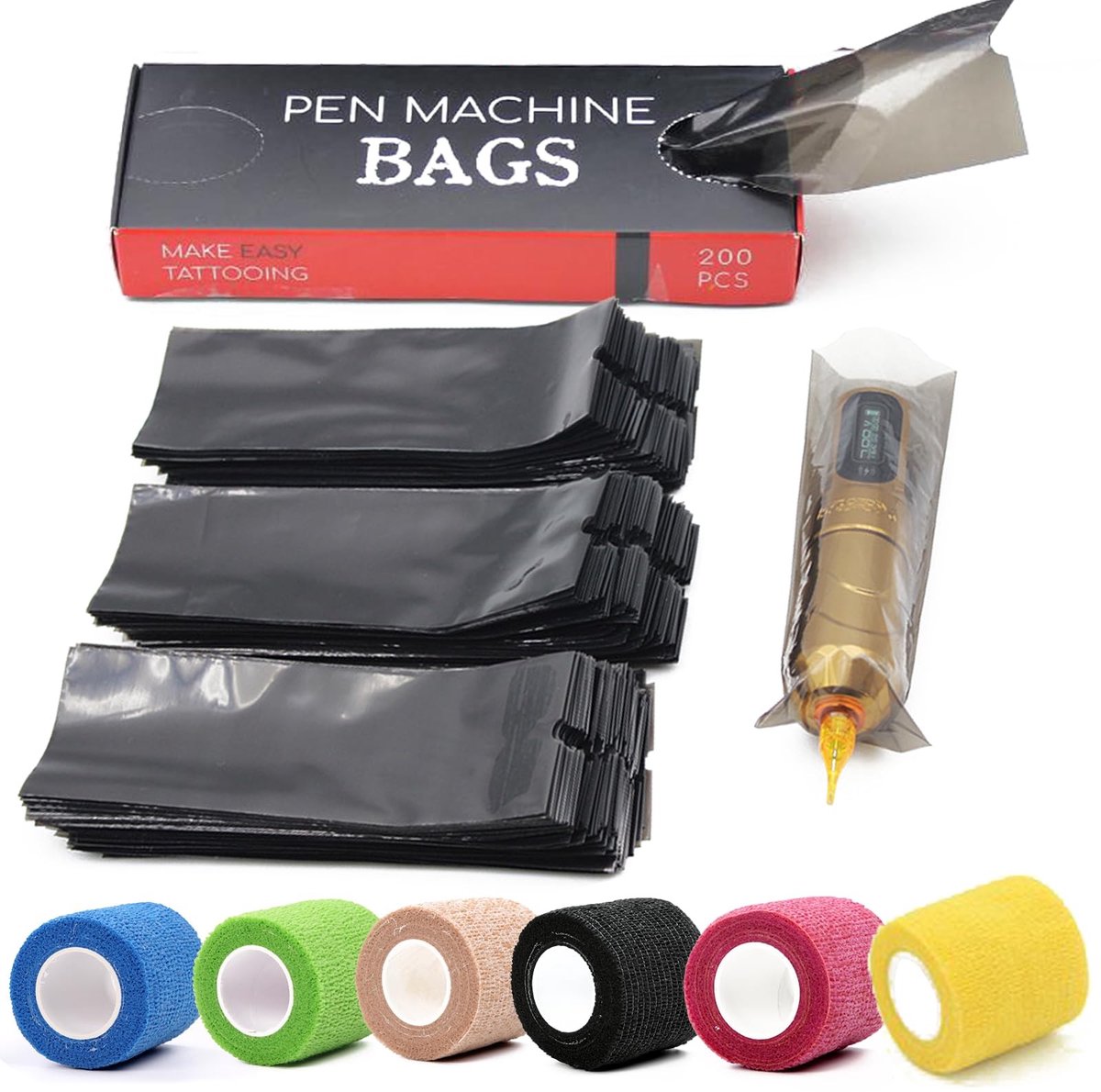Omgoods - Tattoo Machine Pen Covers en Tape Grip - 200 Stuks + 6 Stuks Grip Tape