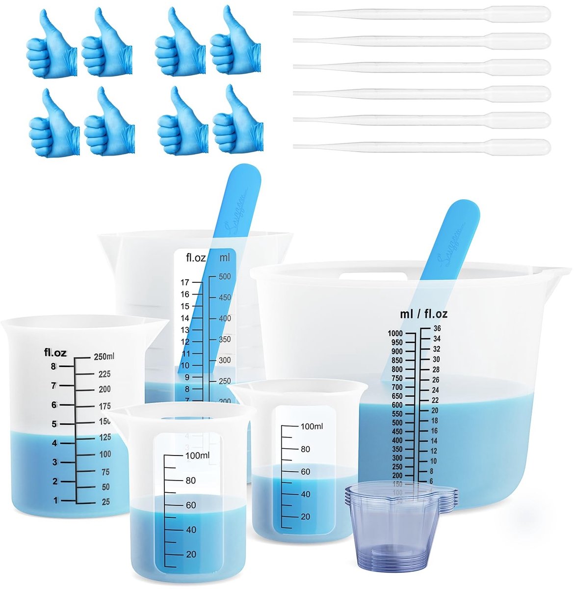 Omgoods- Maatbekers Hars Meetset - 1000 ml/500 ml/250 ml/100 ml - Siliconen Mengstaafjes - Doseerbekers - Druppelaars - Herbruikbaar en gemakkelijk schoon te maken - Meetbekerset