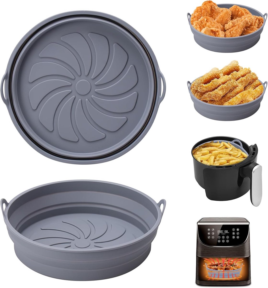 SnelShoppen - 2 Stuks Silicone Mallen voor Airfryer, Herbruikbare Accessoires, Rond, Matte Mallen, Lichtgrijs, Geschikt voor Airfryer, Magnetron, Oven
