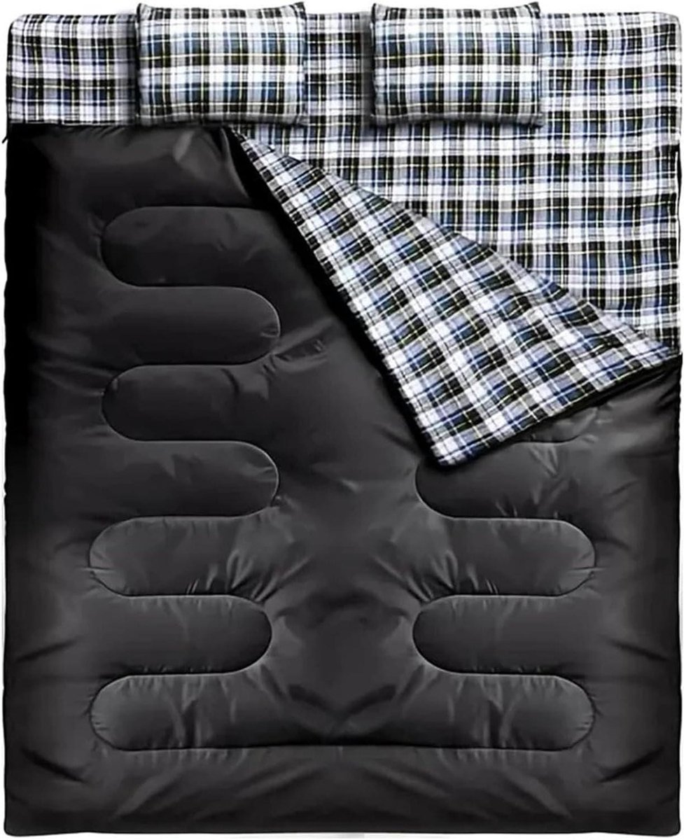 Dubbele Slaapzak - Tweepersoonszak Kamperen - Buiten Overnachten - Inclusief Twee Kussens - 220 x 150 cm - Zwart