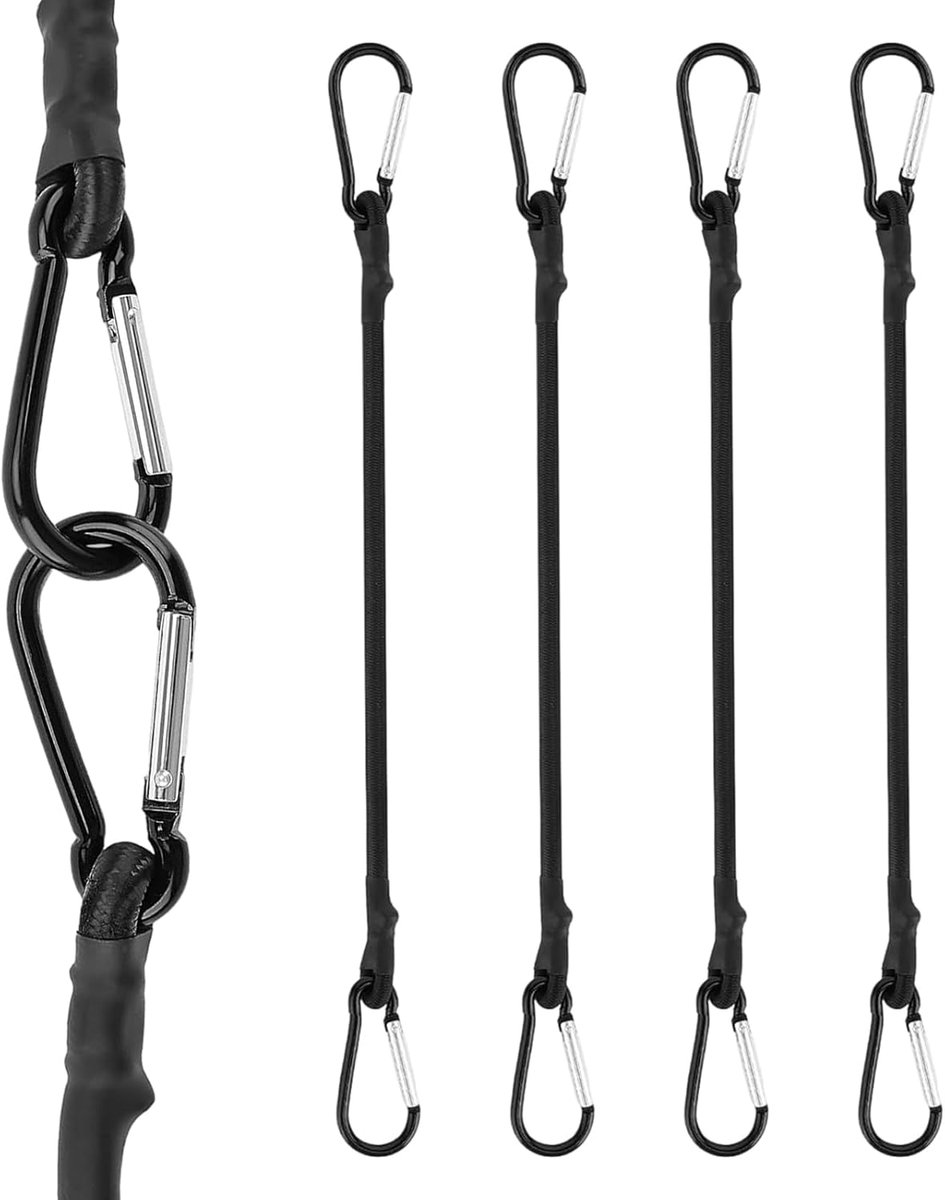 SnelShoppen - Pack van 4 Elastische Spanners met Karabijnhaak voor Camping en Reizen, Sterk Rubberen en Nylon Bevestigingskoord Zwart Korte Zand 30 cm