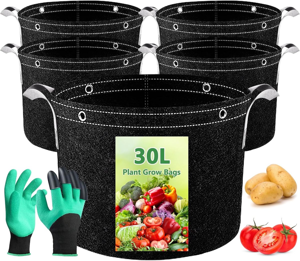 SnelShoppen - Set van 5 30 L Planttassen, Duurzame Stoffen Potten, Herbruikbare Groei Tassen, Dikke Niet-geweven Stoffen Potten met Handvatten en Mult