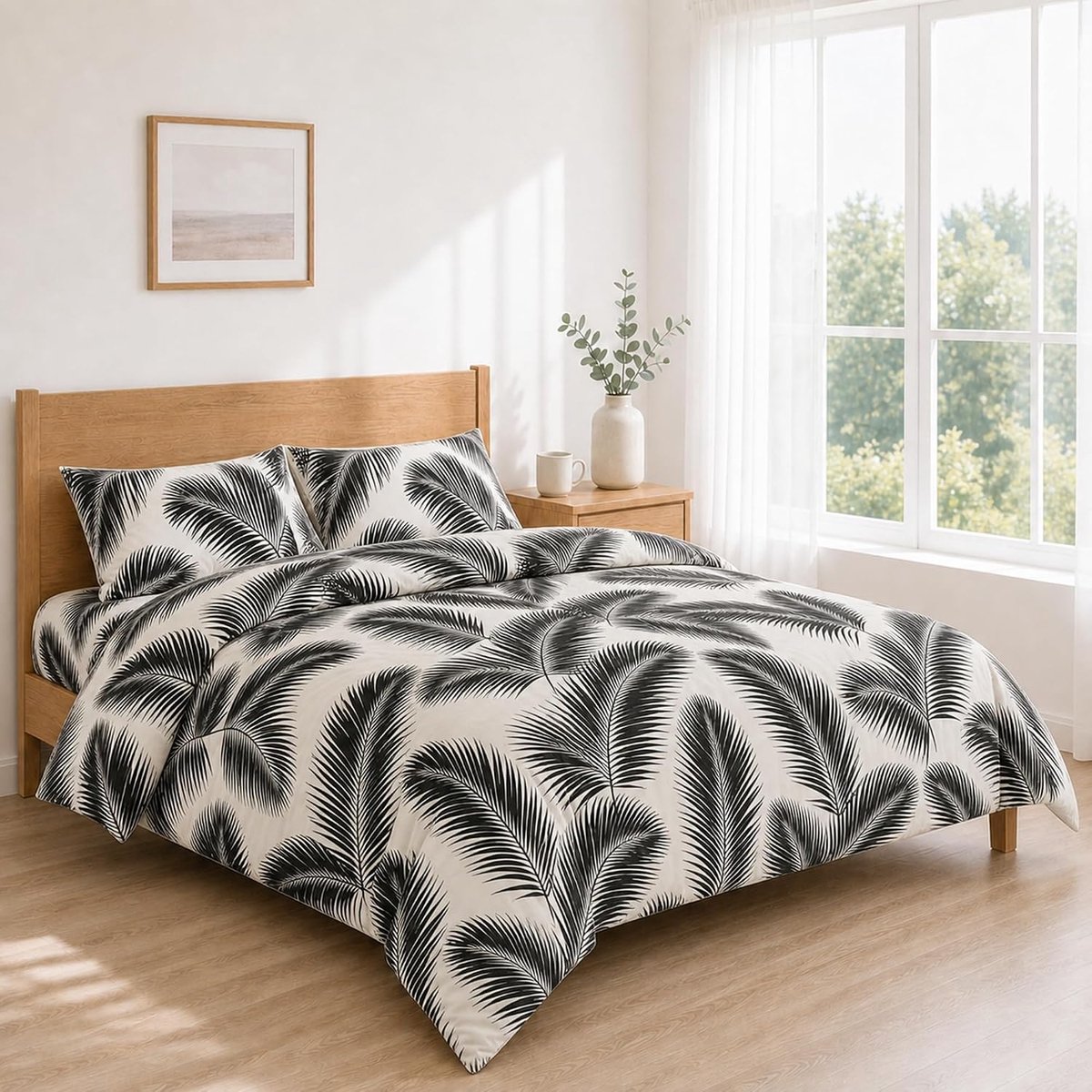 SnelShoppen - Lakenset Bedrukt 180x200+30 / 260x270 + 50x80 2PCS Palme Nere su Avorio | Zacht en Licht Microvezel met Grafische Jungle-Print, Extra Gr