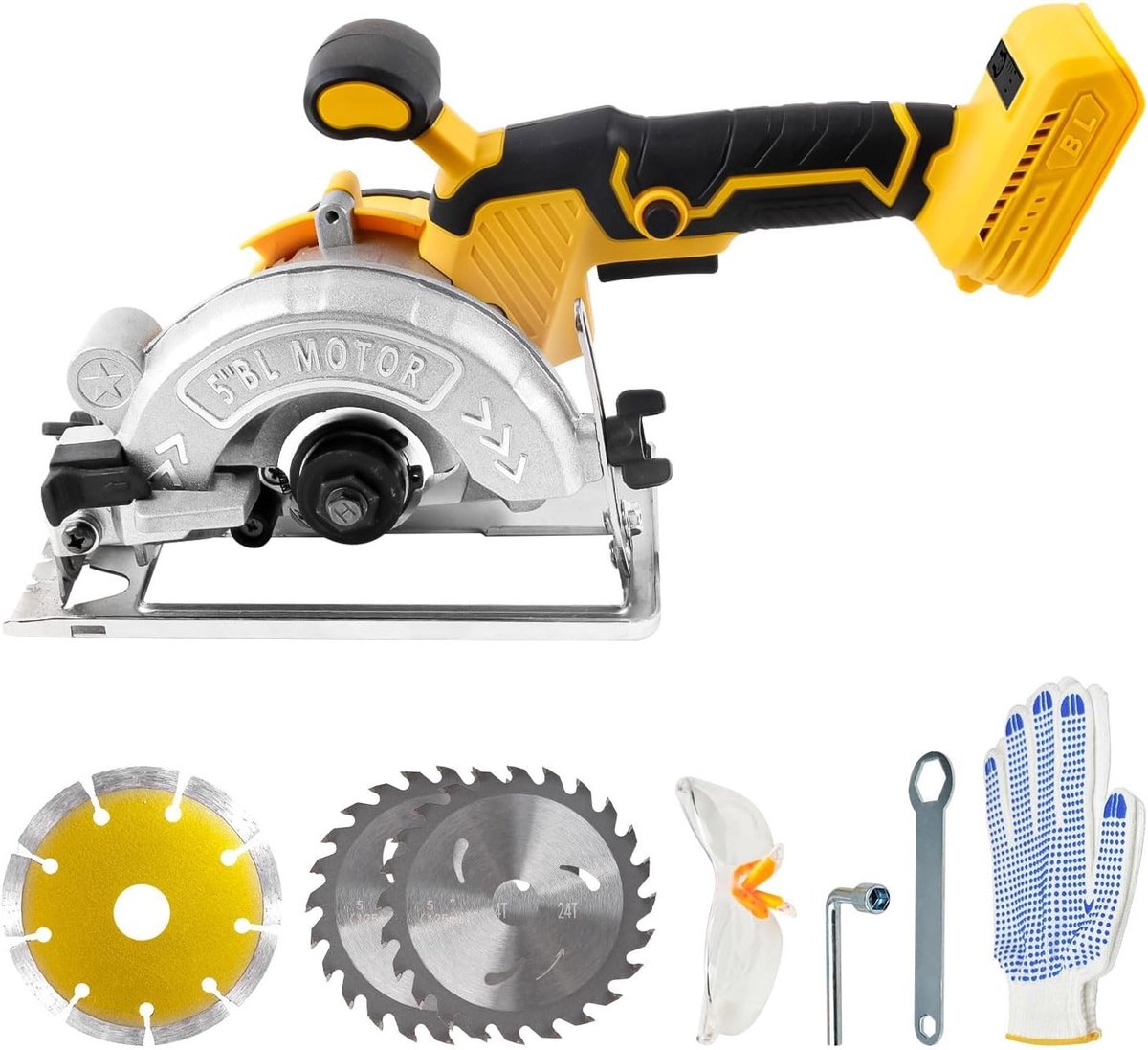 Draadloze Cirkelzaag 1000W 6200RPM Borstelloze Elektrische Zaag met 3 Stuks 125 mm Zaagbladen, 0-45° Velling, 32 mm Diepte voor Hout, Zacht Metaal en Kunststof