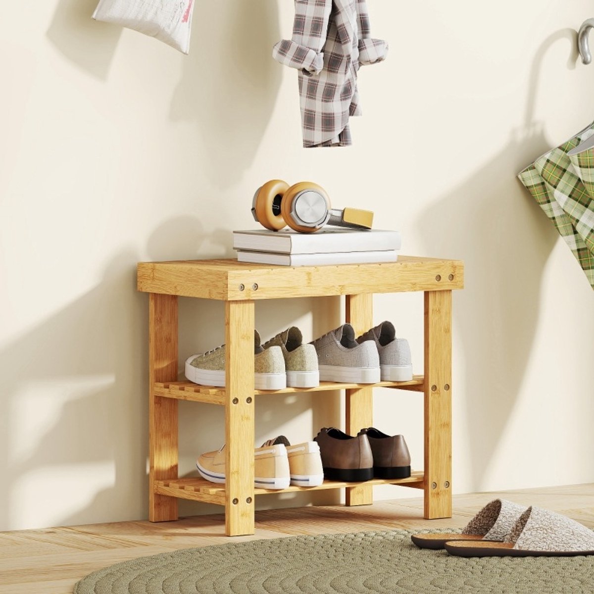 REDOM - Schoenenbank met schoenenrek - Bamboe constructie - Open opbergrek met 2 planken - Zitvlak - Scandinavische basisstijl - Hal en entree - Hout - 50 x 28 x 45 cm
