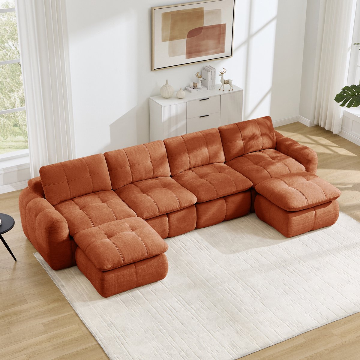Moderne Hoekbank, U-Bank, 4-Zits bank, Modulaire U-Bank Voor 4 Personen, Frameloos, Met Ruitvormig Doorgestikt Patroon, Huidvriendelijke Chenille Bekleding, Brede Diepe Zitplaatsen, Vrij Combineerbaar, Montagevrij,Oranje