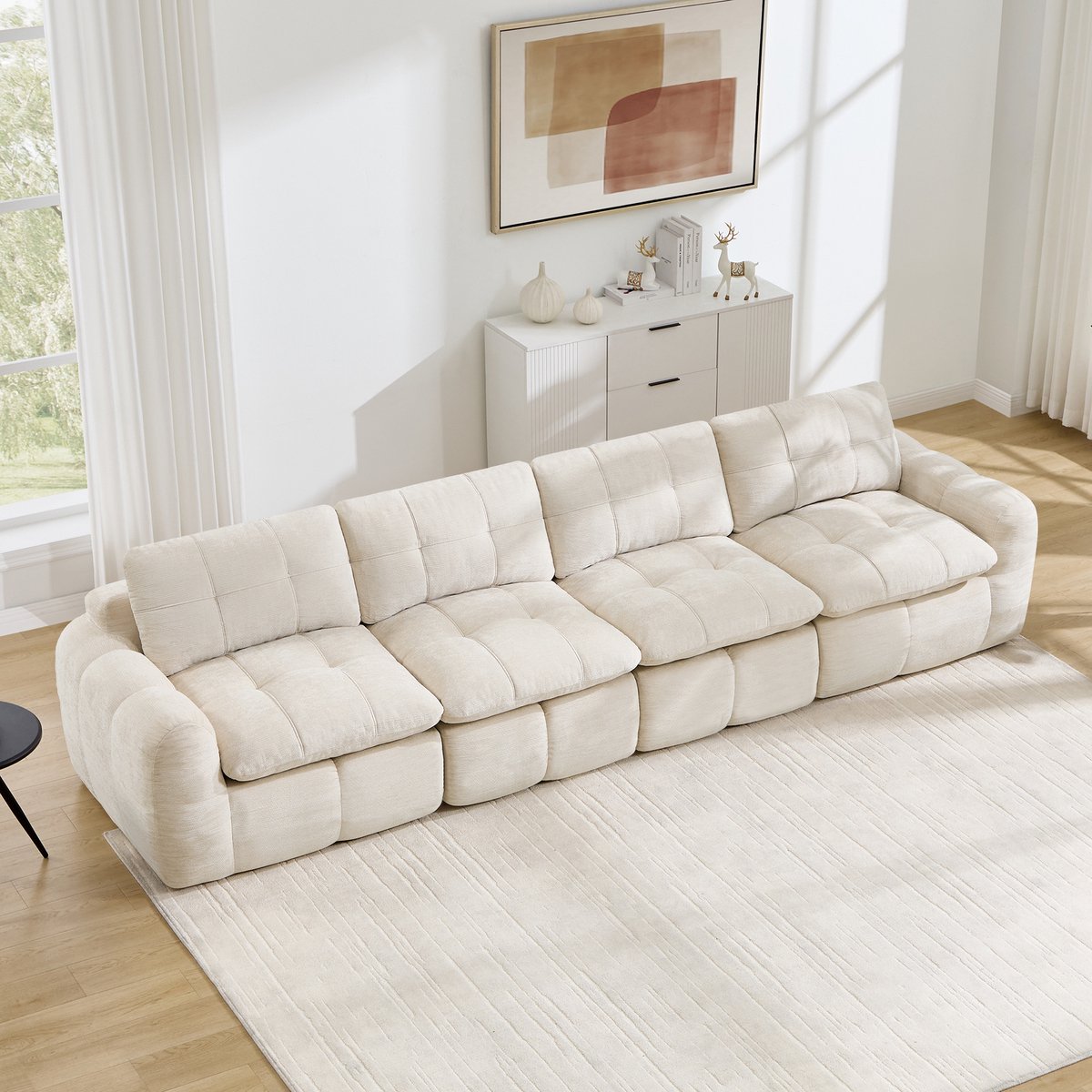 4-Zits Bank, 4-Zits Frameloze Modulaire Bank, Met Een Heerlijk Zachte, Huidvriendelijke Chenille Bekleding, 32D Schuim Met Hoge Dichtheid, Brede En Diepe Zitplaatsen, Montagevrij, Ideaal Voor Woonkamers En Appartementen,Beige