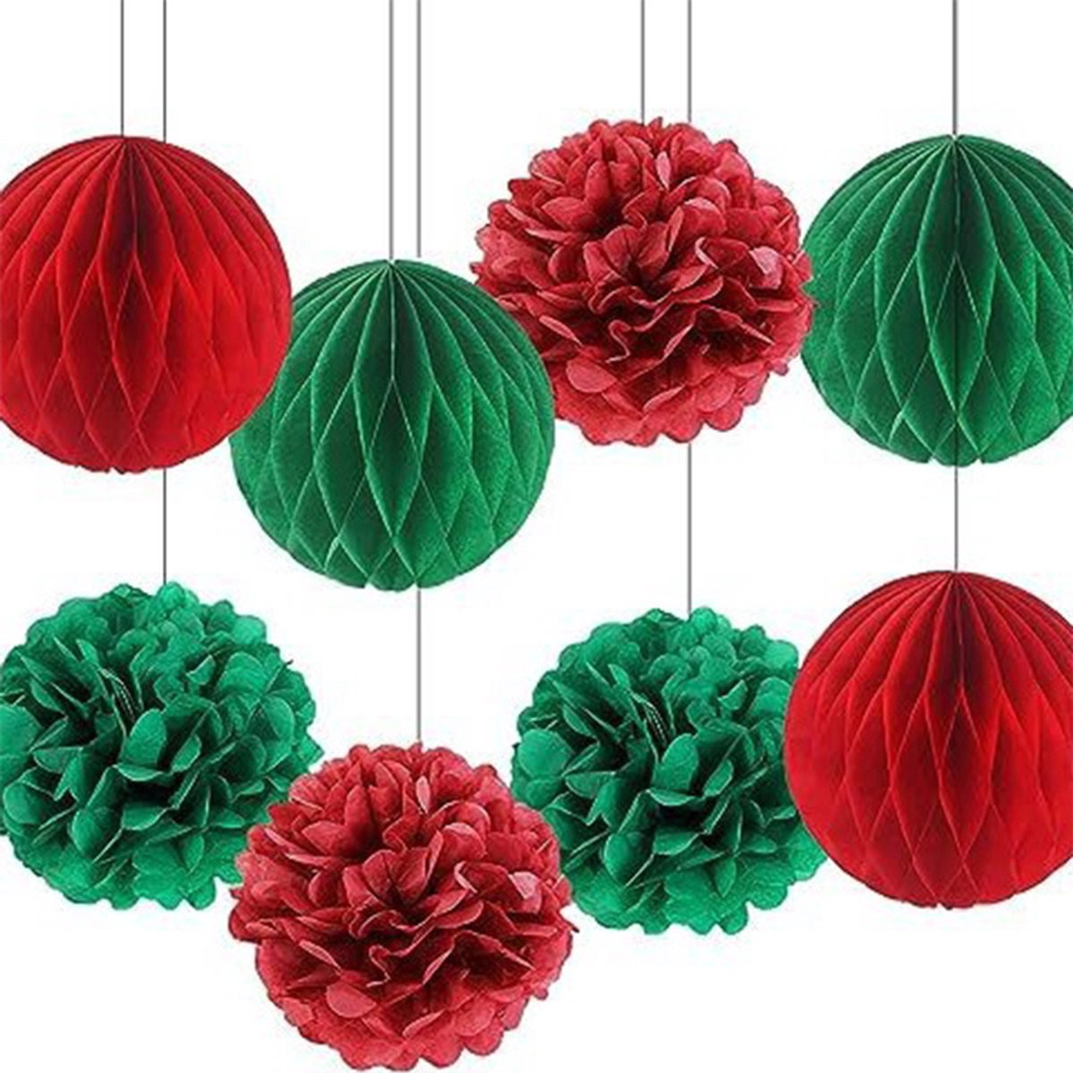 Kerstballen van papier in honingraatvorm – ophangbare rode en groene papieren ballen – gekleurde ballen – kerstboomversiering – 20cm