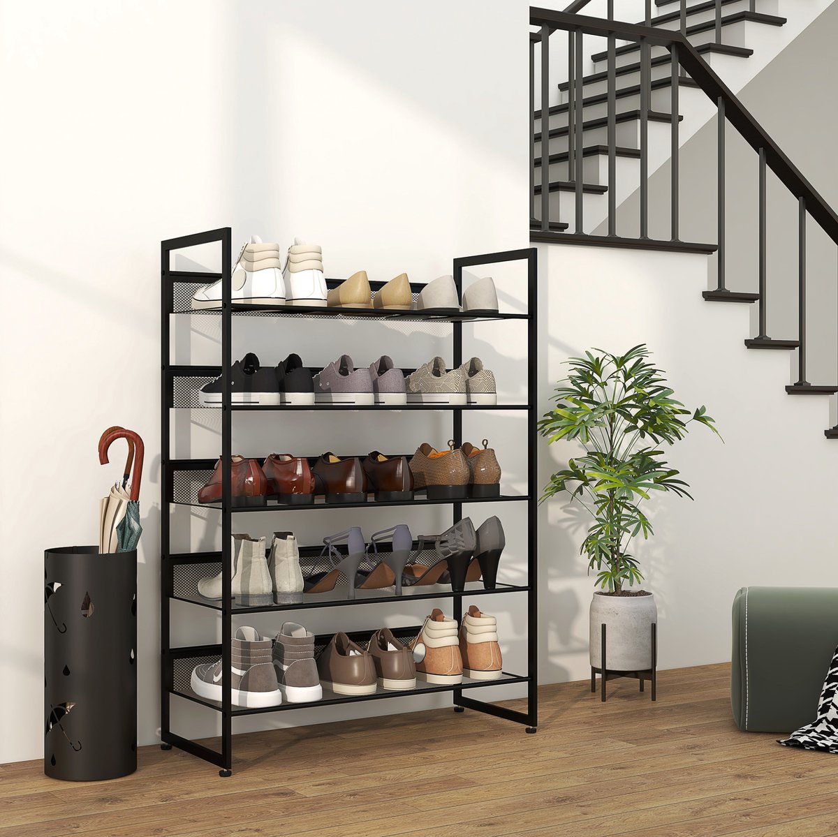 REDOM - Schoenenrek - 5 lagen met gaasplanken en beschermende achterwanden - Met verstelbare voetjes - Open rek - Hal of woonkamer - Staal - Zwart - 72 x 30 x 102 cm
