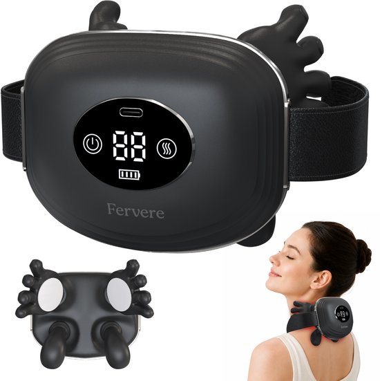 Zwart massageapparaat met LED-display en gebogen massagehanden. Inzetstuk toont de achterkant van het apparaat. Vrouw met gesloten ogen draagt het apparaat om haar nek, met rode gloed.