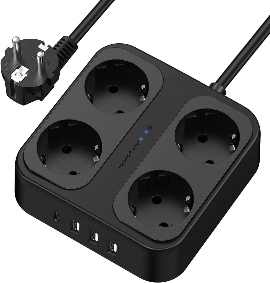 Stekkerdoos met USB 8-in-1 - 4 Stopcontacten - 3 USB-A + 1 USB-C - 1,8 Meter Verlengsnoer - Overspanningsbeveiliging - Wandmontage - Zwart - Verlengsnoer - Stekkerblok