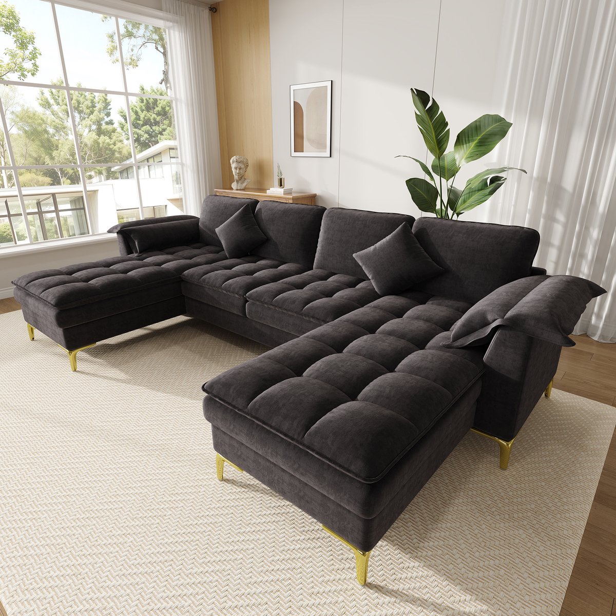 Moderne Hoekbank, U-Bank, 4-Zits bank, U-Vormige Hoekbank, Modulair Ontwerp Voor 4 Personen Met Wolkachtig Design En Dubbellaagse Schuimkussens, Inclusief 2 Chaise Longues, 2 Kussens, Gouden Metalen Poten, Chenille Bekleding, Zwart