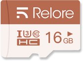 Relore 16GB micro SDHC kaart met bruine en witte accenten.