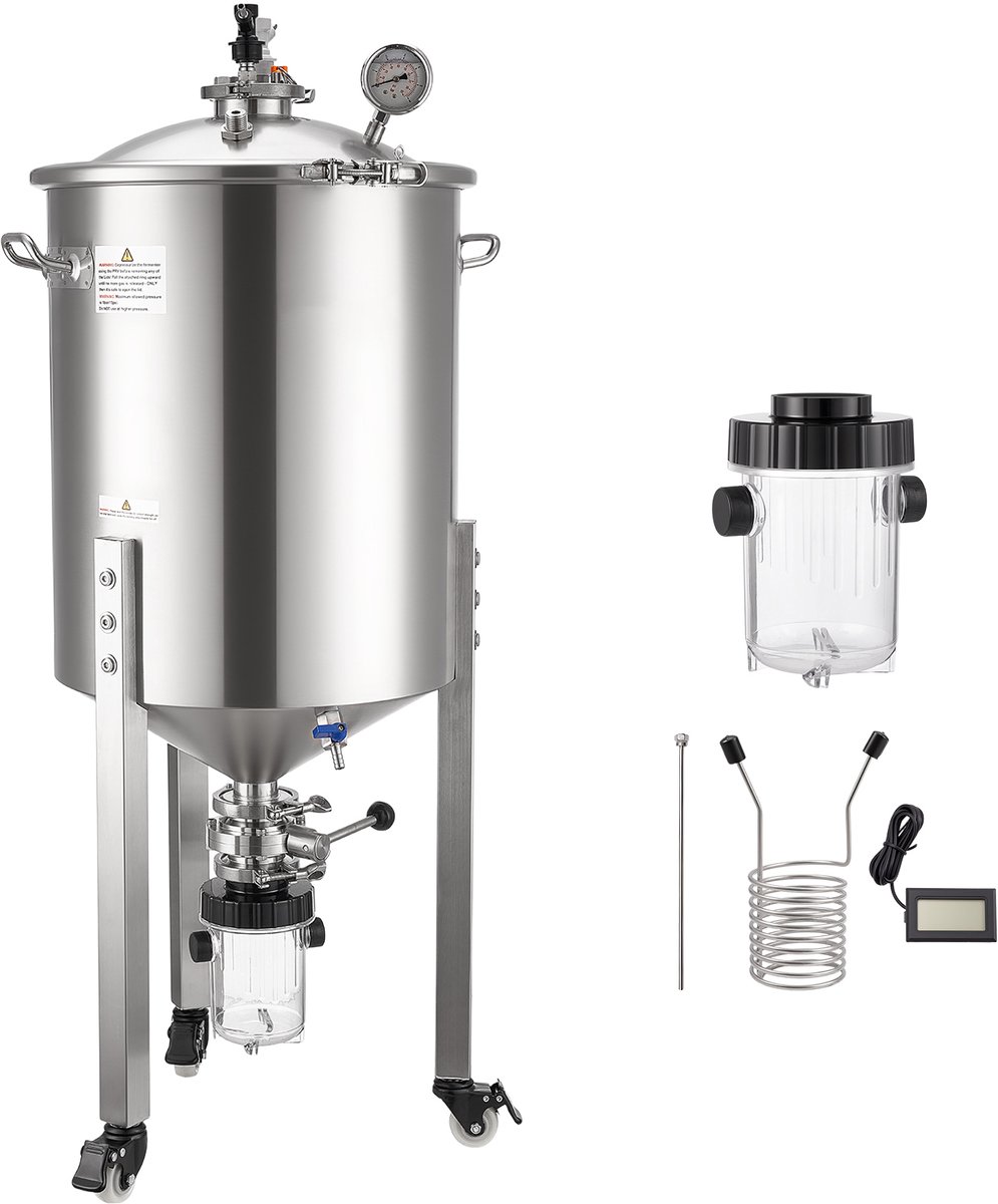 Conische Roestvrijstalen Gistingsketel 60L, Gistingsvat voor Thuisbrouwen met Conische Bodem, Voorzien van 3 Zwenkwielen, Deksel, Handvat en Thermometer. Ideaal voor Wijn- en Biergisting.