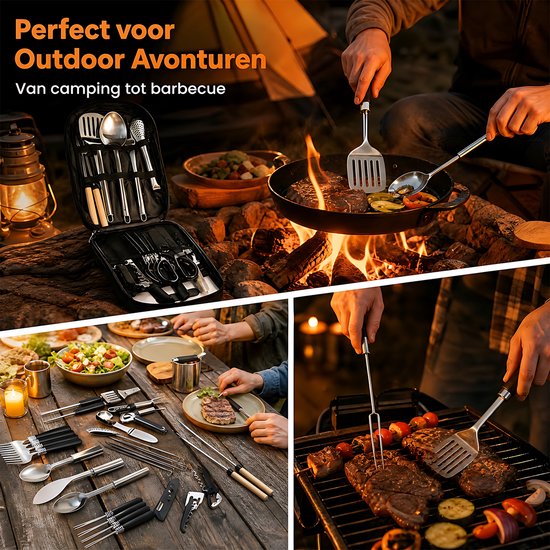 RVS Camping Kookset - Outdoor Bestek Set Met Opbergtas - Kampeer Keukengerei - Mes Vork Lepel Spatel Tang Set - BBQ En Picknick Accessoires - Draagbare Reis Keuken Set - Zwart van rvs — afbeelding 4