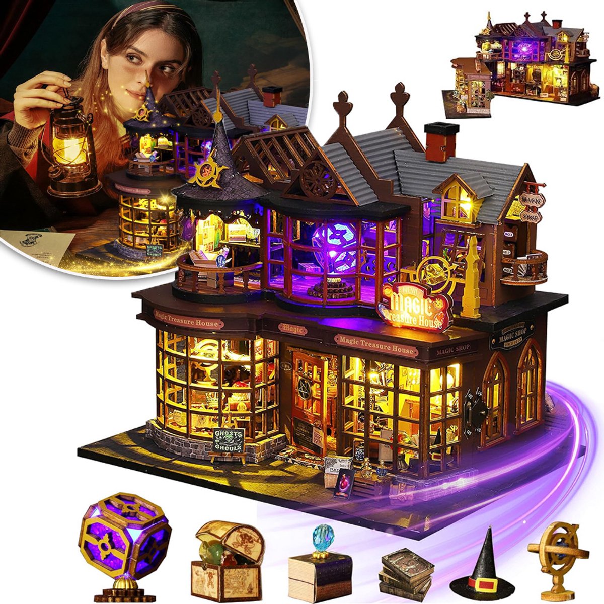 Magische Schatkist Doe-Het-Zelf Poppenhuis Bouwset - LED-Verlichting Gedetailleerde Accessoires Houten Constructie - Perfect Cadeau Voor Huisdecoratie En Hobbyisten