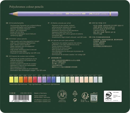 Faber-Castell Polychromos kleurpotloden, verpakking met 20 nieuwe kleuren potloden, voorzijde toont kleurenstaal