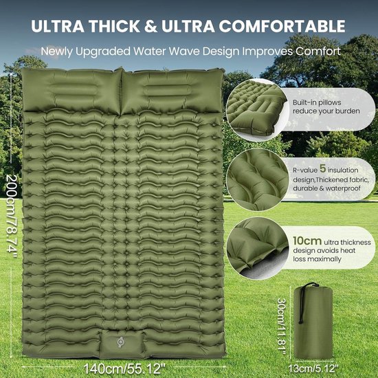 Dubbele Campingmat - Slaapmat Outdoor - Kamperen en Reizen - Zelfopblazend met Kussen - 200x140x10 cm - Olijfgroen — afbeelding 5