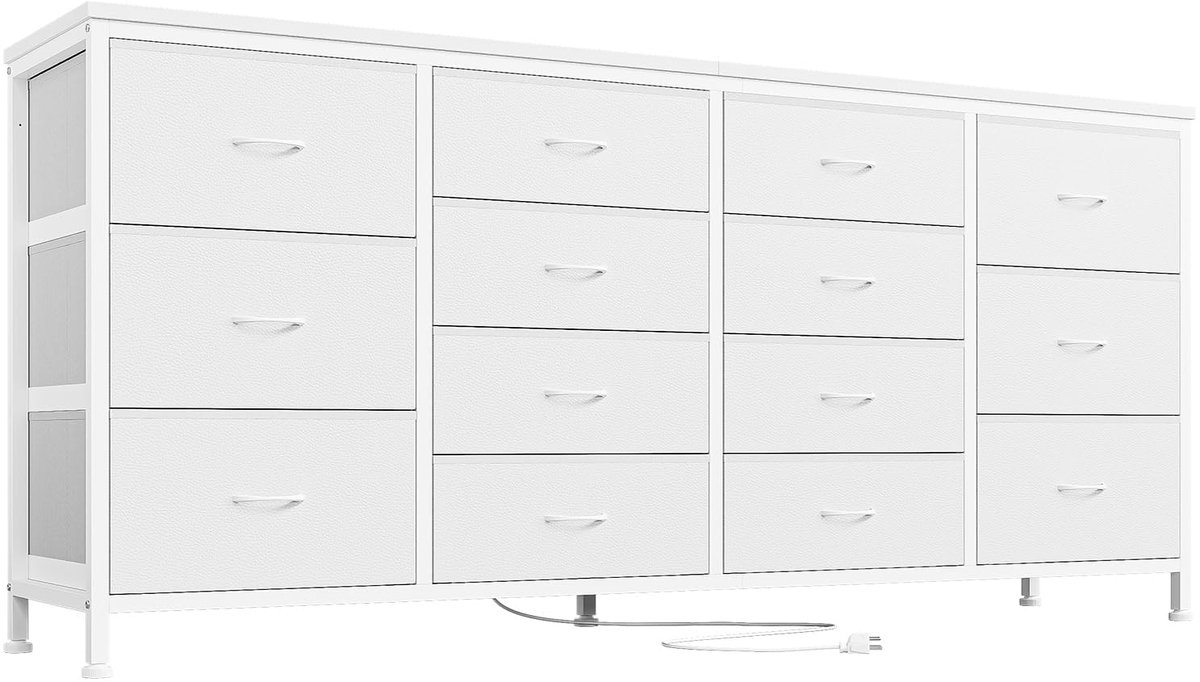 Triumpunpre - Moderne ladekast 14 lades in stof – TV-meubel geschikt voor TV tot 75 inch – Stalen frame – Met stopcontacten en USB-poorten – Wit