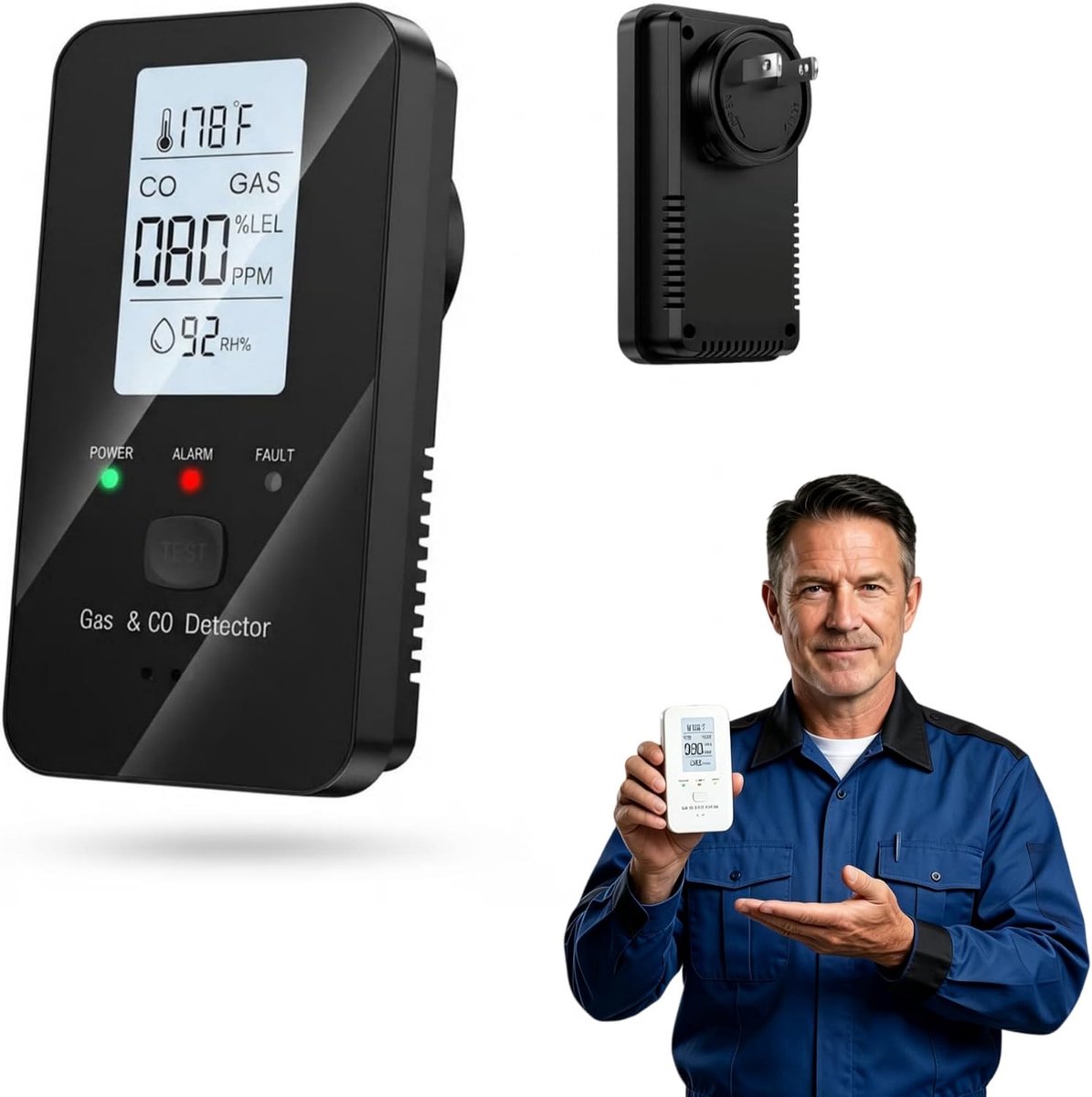 Koolmonoxidemeter – Groot display – Draagbare, multifunctionele 4-in-1 CO-detector voor binnen – Geschikt voor thuis, op kantoor en buitenshuis – Goed afleesbaar – 85 dB-alarm met knipperlicht – Zwart – 1 stuk
