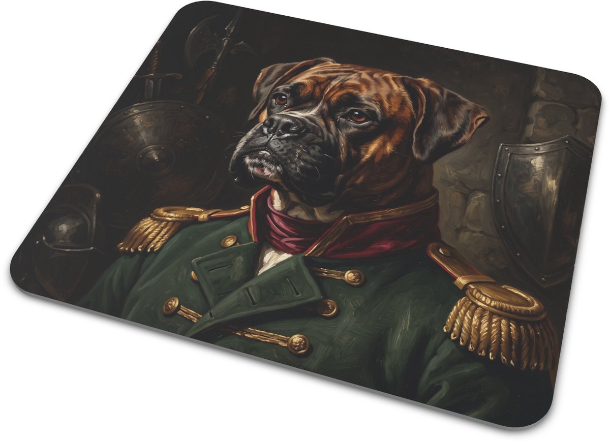 Muismat Boxer Dog (Boxer) Renaissance Portret Dapper Honden Kapitein in Groen Militair Uniform Klassieke Olieverf Stijl Bureau Accessoire Cadeau voor Hondenliefhebber