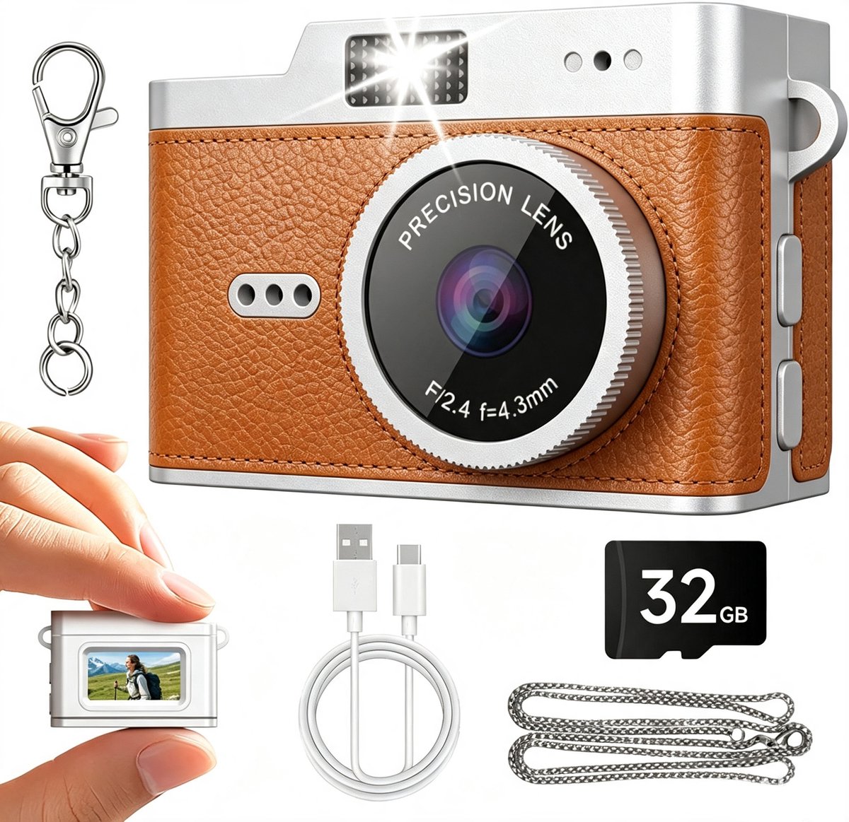 Mini Digitale Camera - 12MP 1080P FHD - Retro Pocket Fototoestel - Lichtbruin - Met 32GB SD-kaart en Lanyard - Geschikt voor Kinderen, Foto en Video Opnames