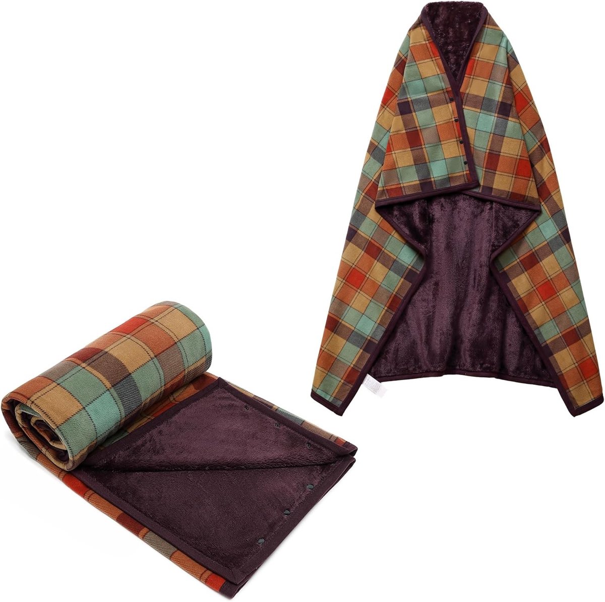 Comfortabele Fleece Poncho Deken met Knopen voor Bed, Bank en Kantoor - Plaid Design en Warme Wrap