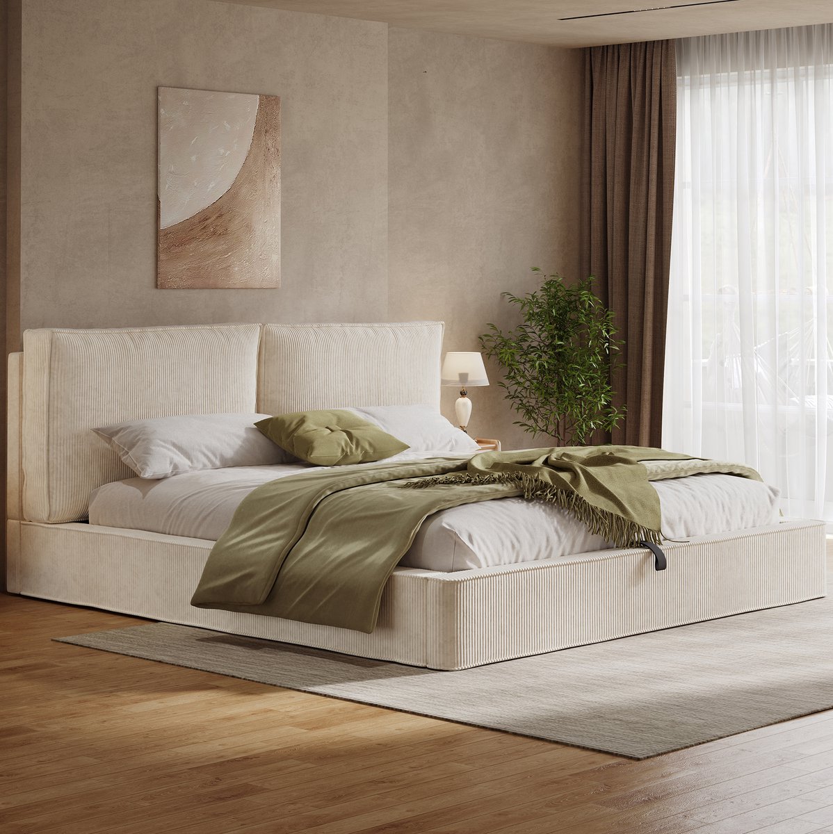 OKWISH Gestoffeerd Bed 180x200 cm - Tweepersoonsbed Met Opbergruimte Onder Bed - Met Lattenbodem En Hoofdbord - Zonder Matras - Cordstof - Beige