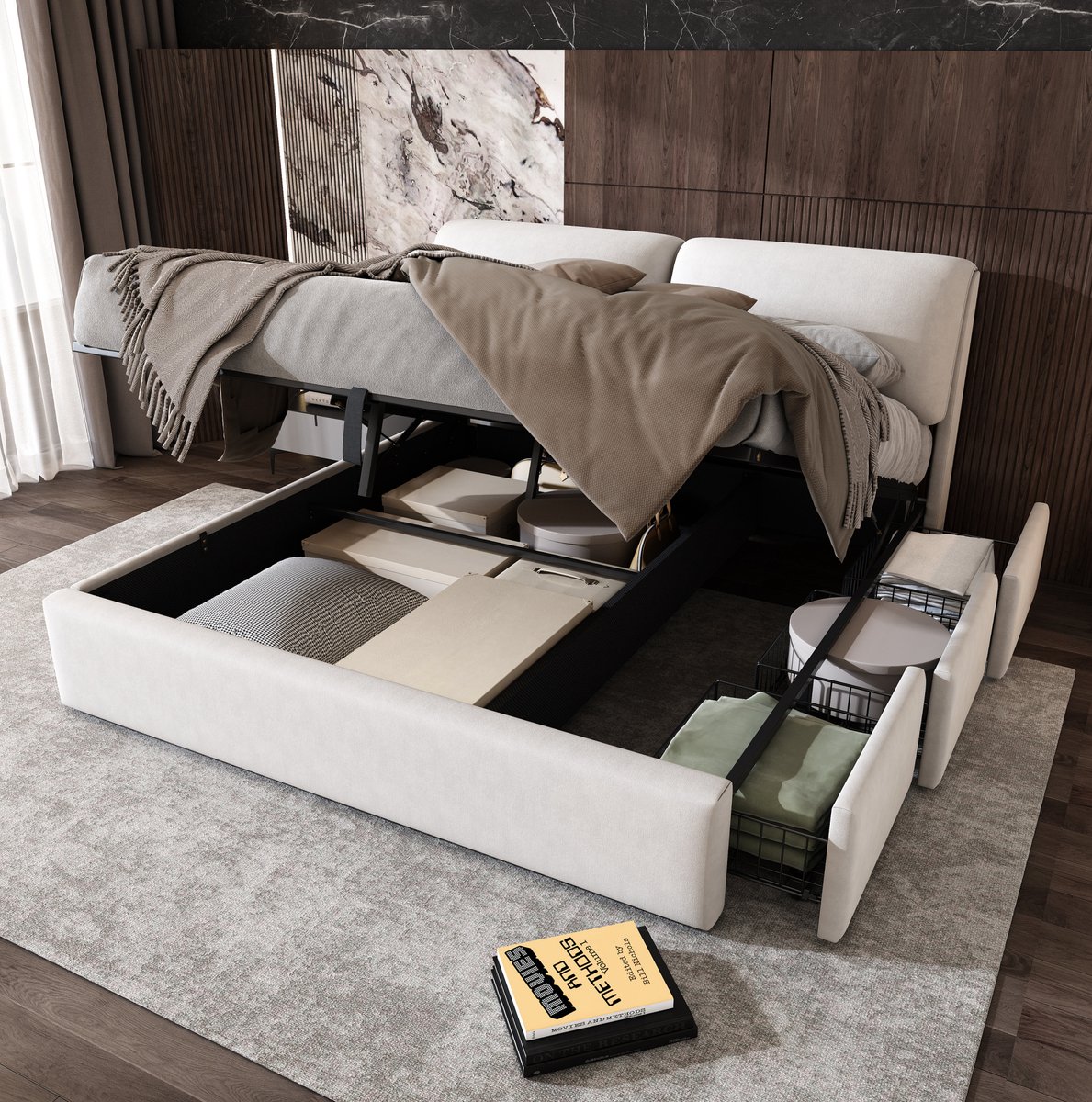 OKWISH Gestoffeerd Bed 160x200 cm - Hydraulisch Opbergbed met Hoofdbord - 3 Lades en Lattenbodem - Tweepersoons Fluweel - Beige - Zonder Matras