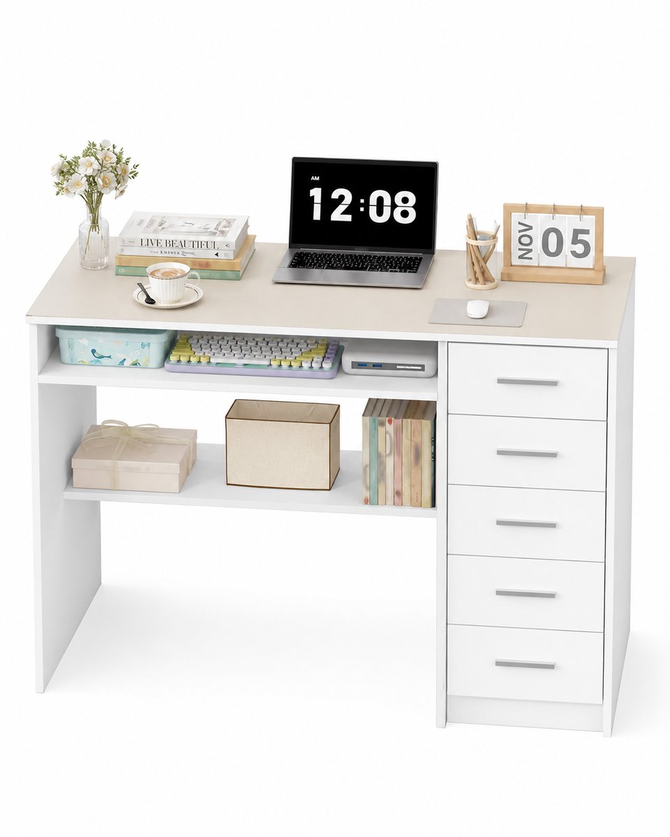 Home & Beyond® Bureau met 5 Lades en Opbergruimte - Computerbureau en Werkbureau - Wit - 108 x 50 x 75 cm