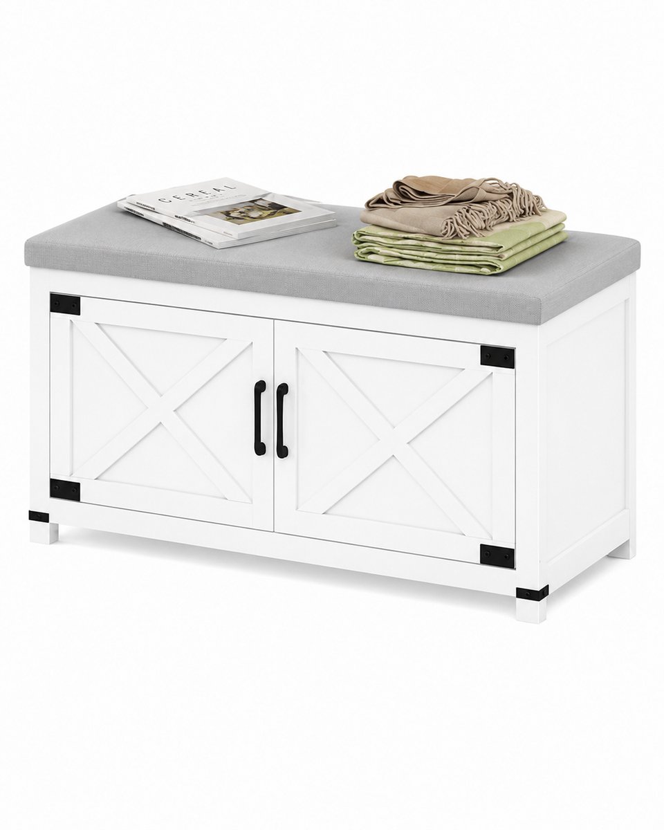 Home & Beyond® Schoenenbank met Zitkussen en Opbergruimte - Schoenenkast met Verstelbare Legplanken - Wit en Grijs - 100 x 35 x 49 cm