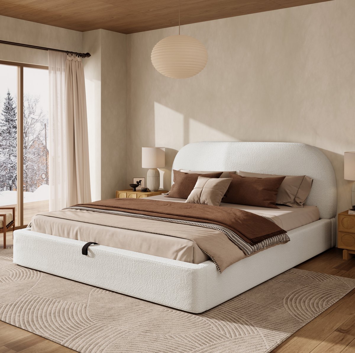 OKWISH Gestoffeerd Bed 160x200 cm - Hydraulisch Opbergbed Met Lattenbodem - Grote Opbergruimte - Tweepersoons - Bouclestof - Beige - Zonder Matras