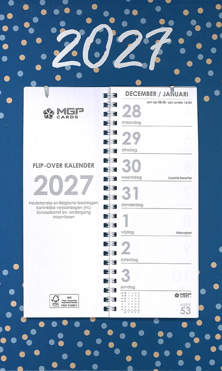 MGPcards - Omlegweekkalender 2027 - Week begint op maandag - Week kalender - 21 x 34 cm - Blauw - Stip