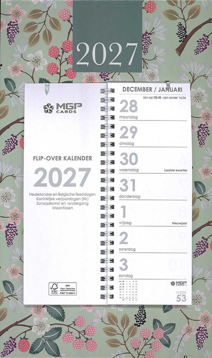 MGPcards - Omlegweekkalender 2027 - Week begint op maandag - Week kalender - 21 x 34 cm - Groen - Bessen