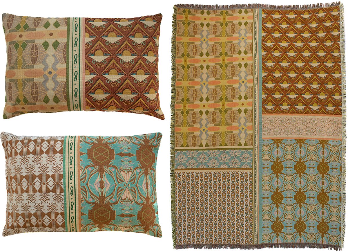 NIN-NIT - Nouveau de Soleil kussens en plaid set - sprei - deken - 100% geweven katoen - Sierkussens - Bruin - Oranje - Beige - blauw - turquoise - geel - roze - Multicolor - 160x220 cm - 40x60 cm