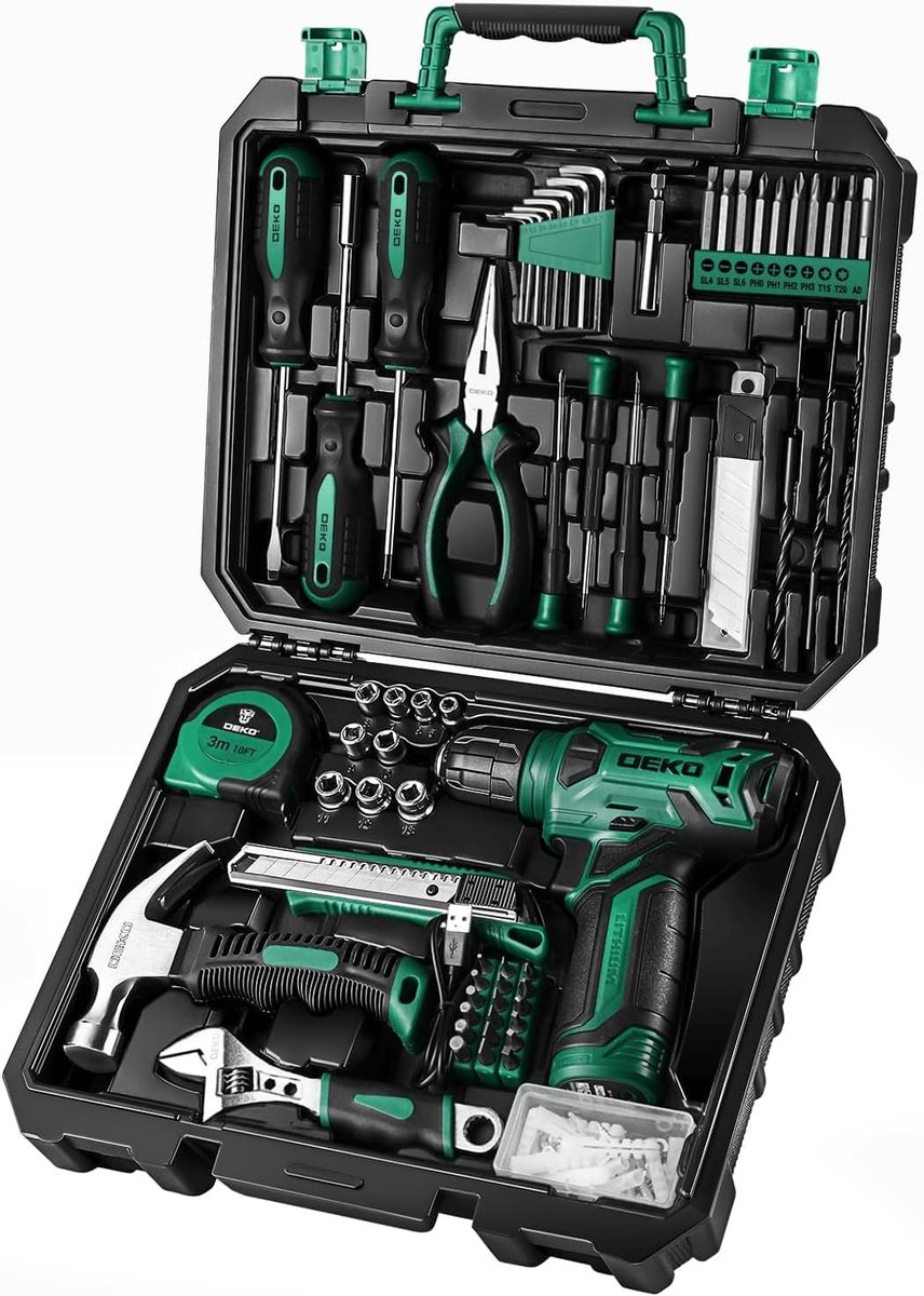 Gereedschapskist Set - Boormachine Inclusief - Thuisklus Klussen - 126 Delige Set - 8V Accu - Groen