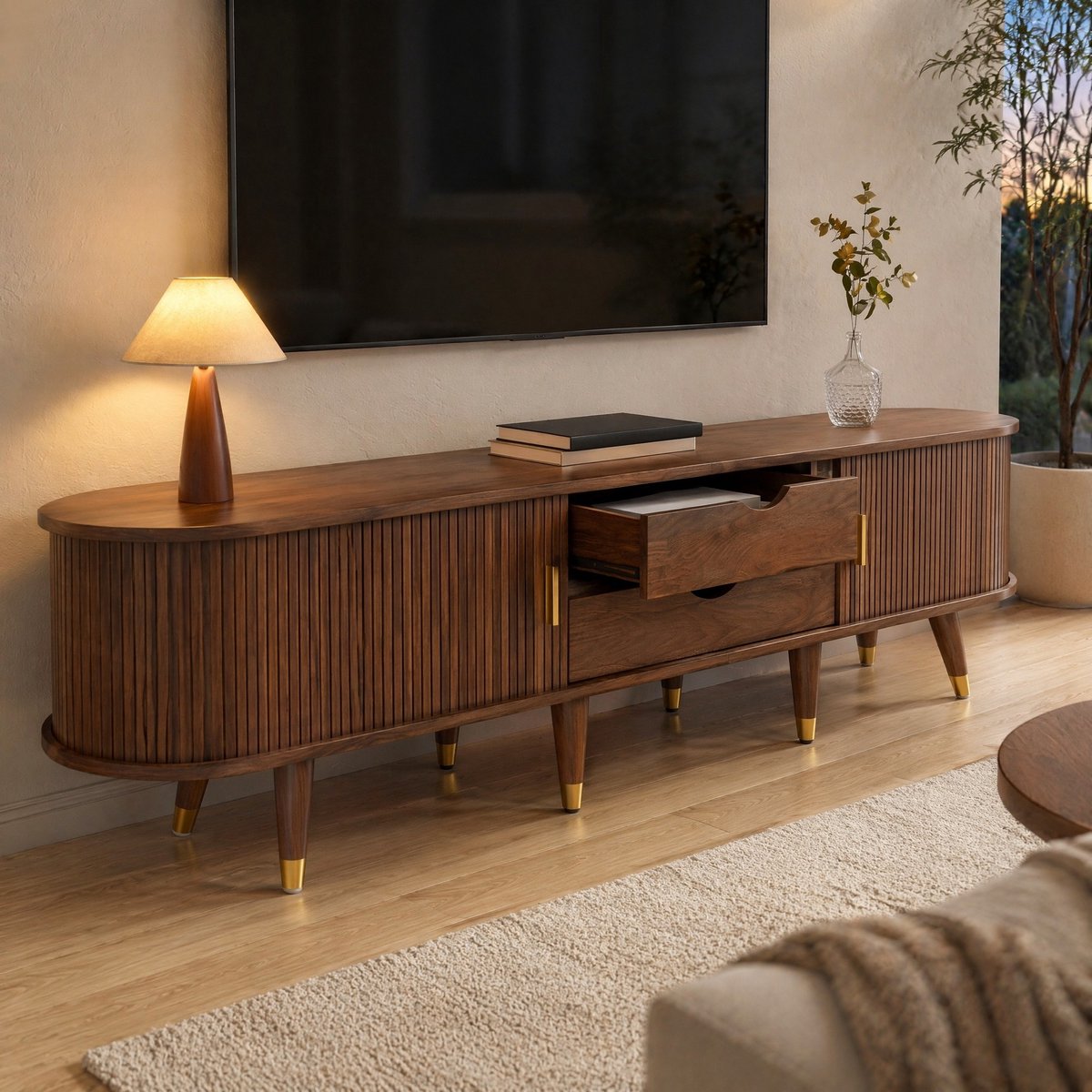 COVREO TV-meubel 175 x 38 x 45 cm - MDF, rattan schuifdeur, lade en open vakken, walnootkl