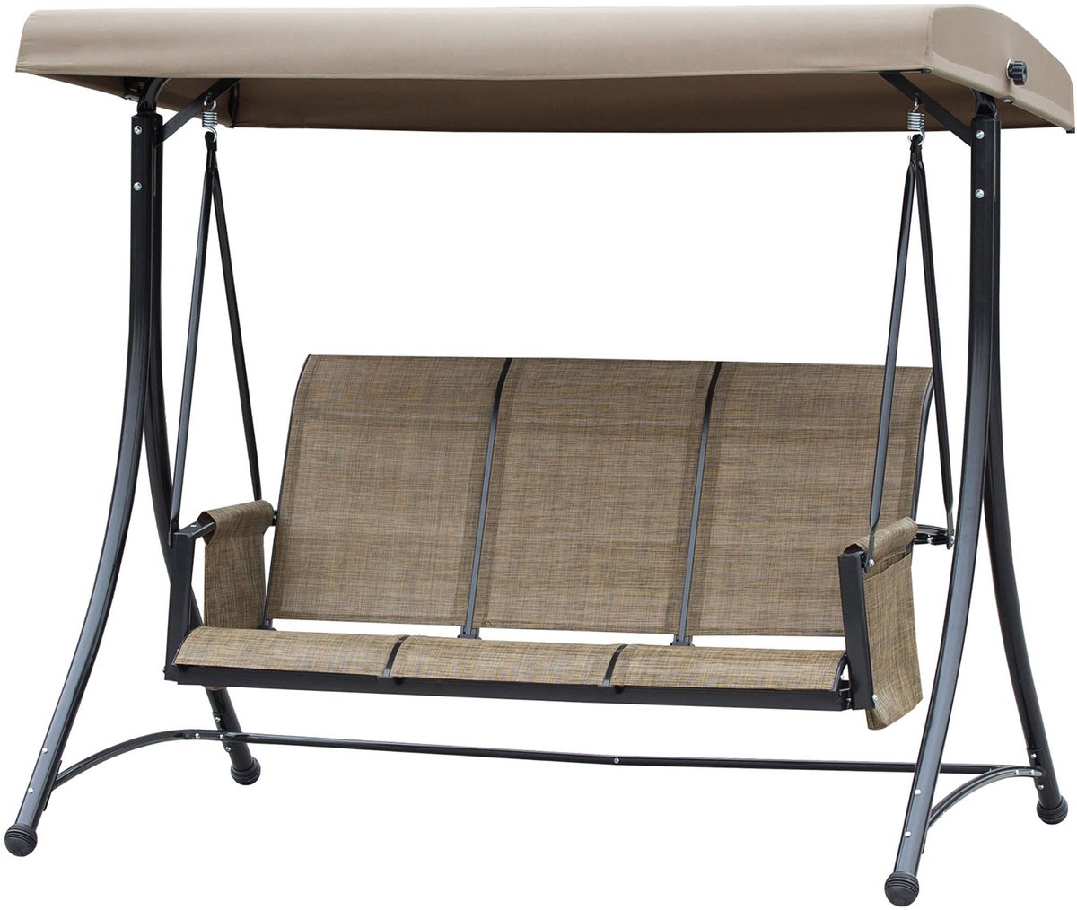 3-zits Hollywood schommel, tuinschommel met zonnescherm, schommelbank met opbergruimte, aluminium, 196 x 128 x 172 cm, bruin