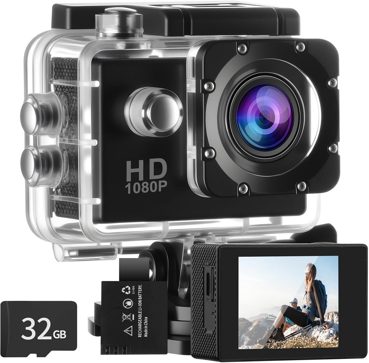 Actiecamera met 32G-kaart, HD 1080P30FPS onderwatercamera, 30 m, waterdicht, met 900 mAh batterijen, 140 graden ultrabrede kijkhoek, helmcamera, sportcamera met accessoireset