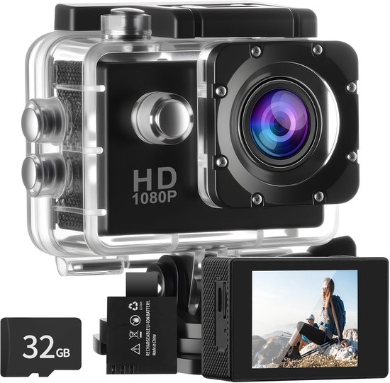 Zwarte actiecamera in waterdichte behuizing, met een 32GB-kaart en een batterij.
