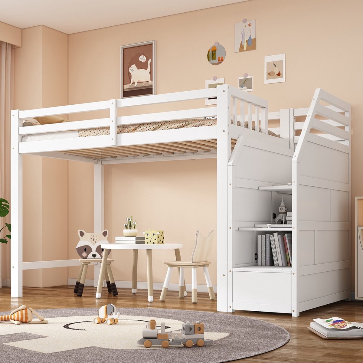 KOMHTOM - Hoogslaper - 90 x 200 cm - Lattenbodem en reling - Opklapbare treden - Wit