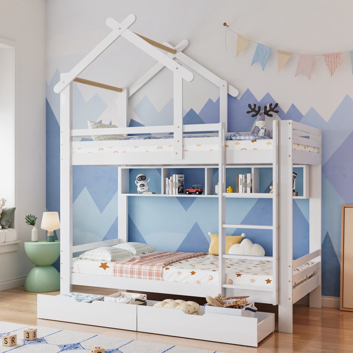 KOMHTOM - Houten stapelbed - 90 x 200 cm - Lades en planken - Drie-treden haakse ladder - Wit