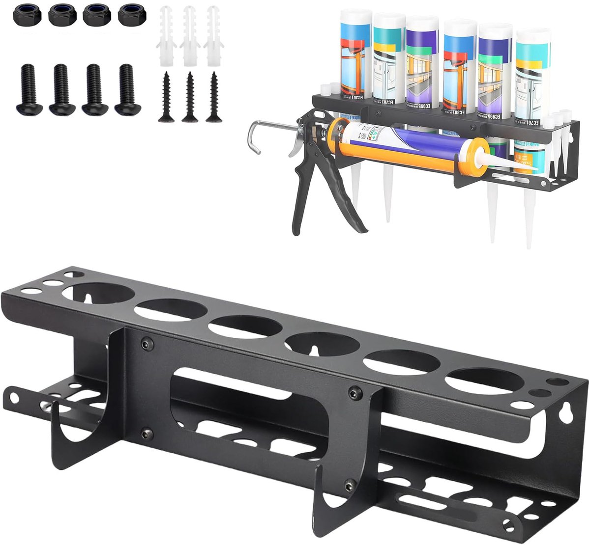 Wandmontage Rek Voor Kitkokers - 6 Sleuven Kitkoker En Kitpistoolhouder - Opbergrek Voor Kitpistool - Voor Werkplaats Winkel Garage